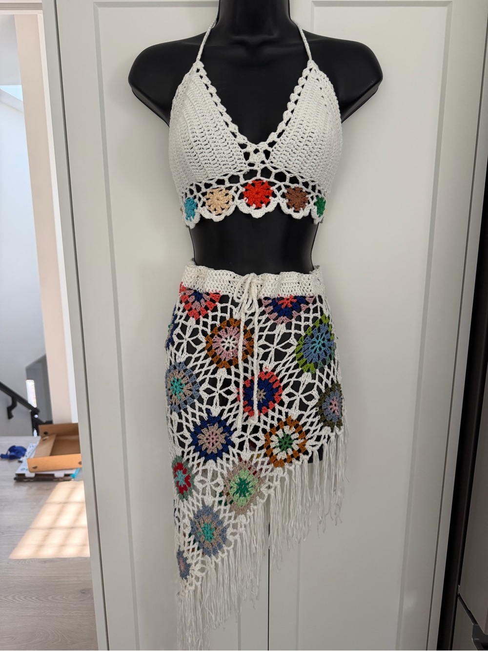 FABULOUS BOHO 70S INSPIRED CROCHETED BIKINI TOP WITH MATCHING MIDI SKIRT. OS